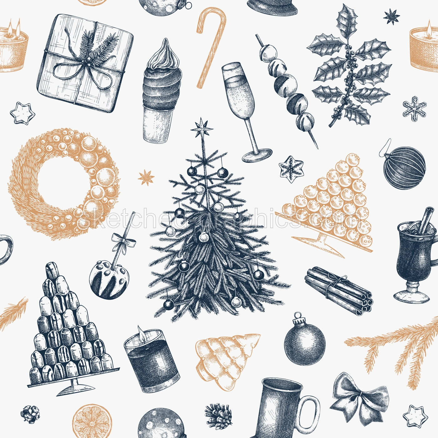 Christmas seamless pattern. Hand drawn vector illustration. Vintage background. Winter holiday decoration. Christmas tree, Christmas wreath, hot drinks, cookies, pastries, sweets sketches Illustration